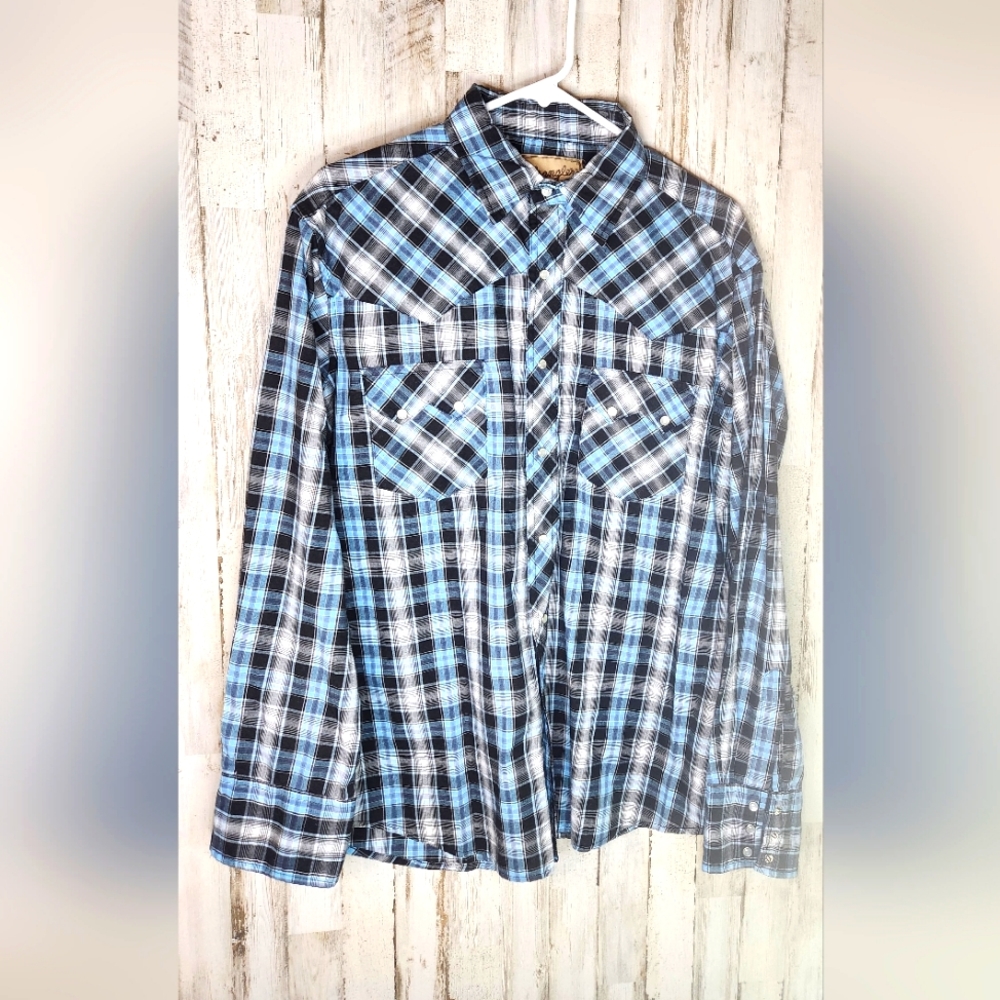 Wrangler Shirt Mens Blue Black Plaid Pearl Snap Western Pockets Adult Size Large